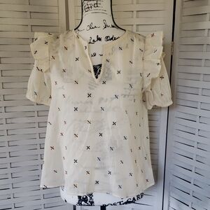 Madewell Women's Cream Semisheer Ruffle Short  Sleeve Embroidery Top XS